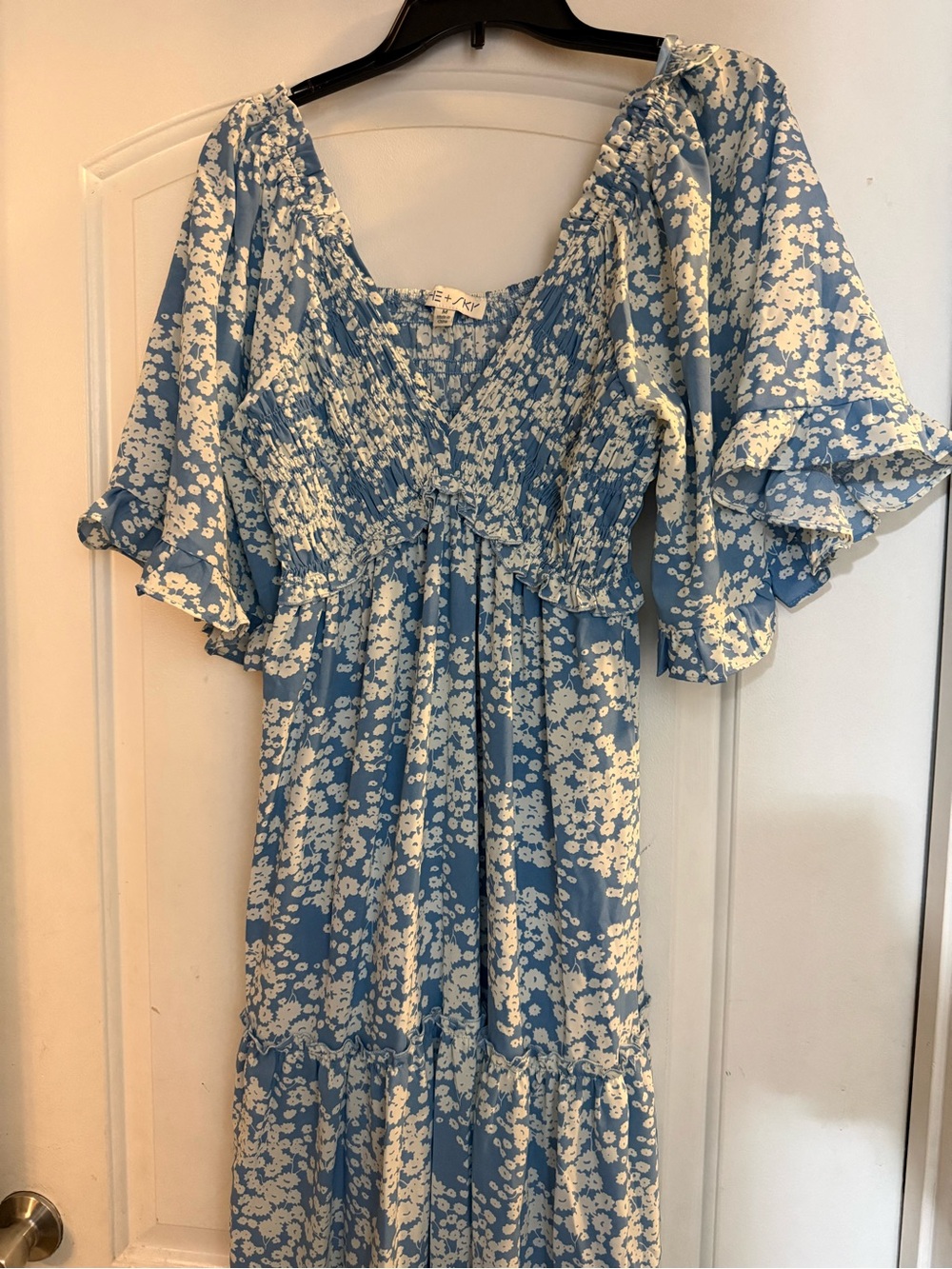 She + Sky Blue and White Floral Maxi Dress with Puff Sleeves